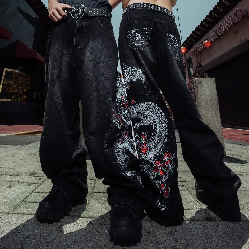 Y2K Fashion Street Vintage Hip Hop Oversized Pattern Embroidered Baggy Jean Men Harajuku Rock Straight High Waist Wide Leg Pants