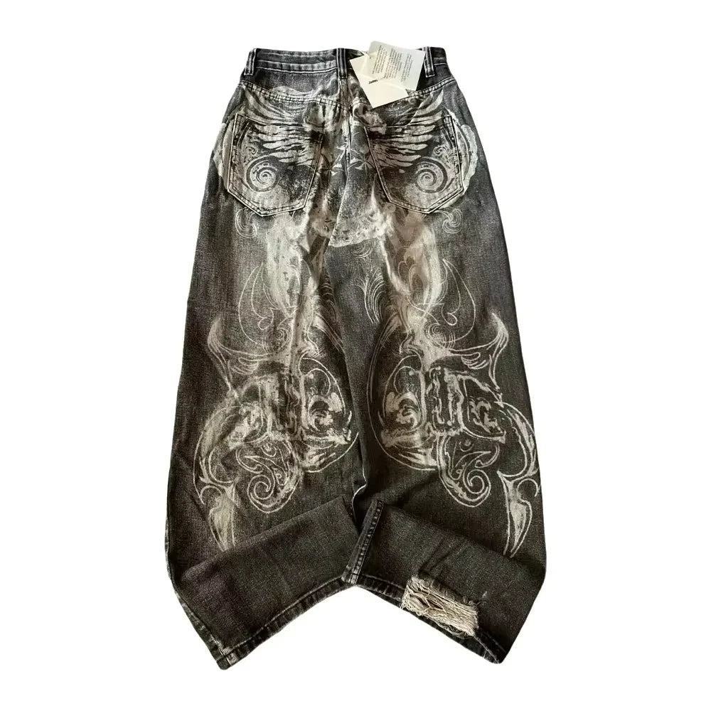 Y2K Fashion Street Vintage Hip Hop Oversized Pattern Embroidered Baggy Jean Men Harajuku Rock Straight High Waist Wide Leg Pants