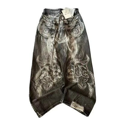 Y2K Fashion Street Vintage Hip Hop Oversized Pattern Embroidered Baggy Jean Men Harajuku Rock Straight High Waist Wide Leg Pants