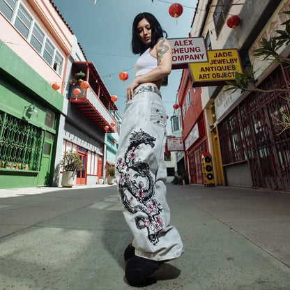 Y2K Fashion Street Vintage Hip Hop Oversized Pattern Embroidered Baggy Jean Men Harajuku Rock Straight High Waist Wide Leg Pants
