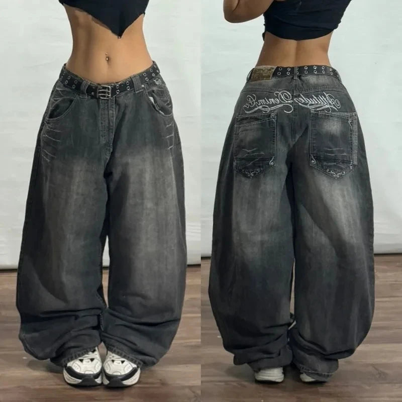 Y2K Fashion Street Vintage Hip Hop Oversized Pattern Embroidered Baggy Jean Men Harajuku Rock Straight High Waist Wide Leg Pants