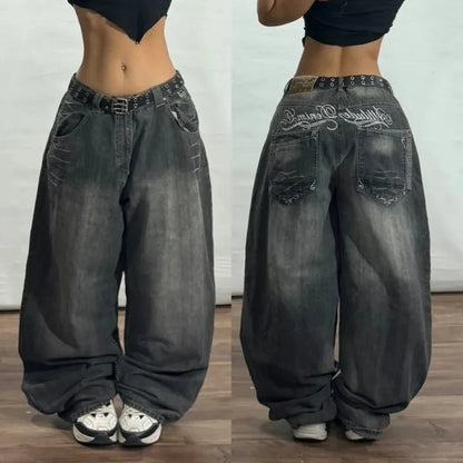 Y2K Fashion Street Vintage Hip Hop Oversized Pattern Embroidered Baggy Jean Men Harajuku Rock Straight High Waist Wide Leg Pants